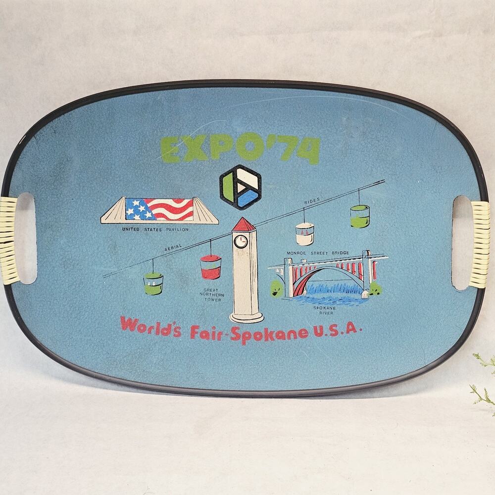 Vintage Souvenir MCM Worlds Fair Expo '74 Spokane Serving TV Tray Blue